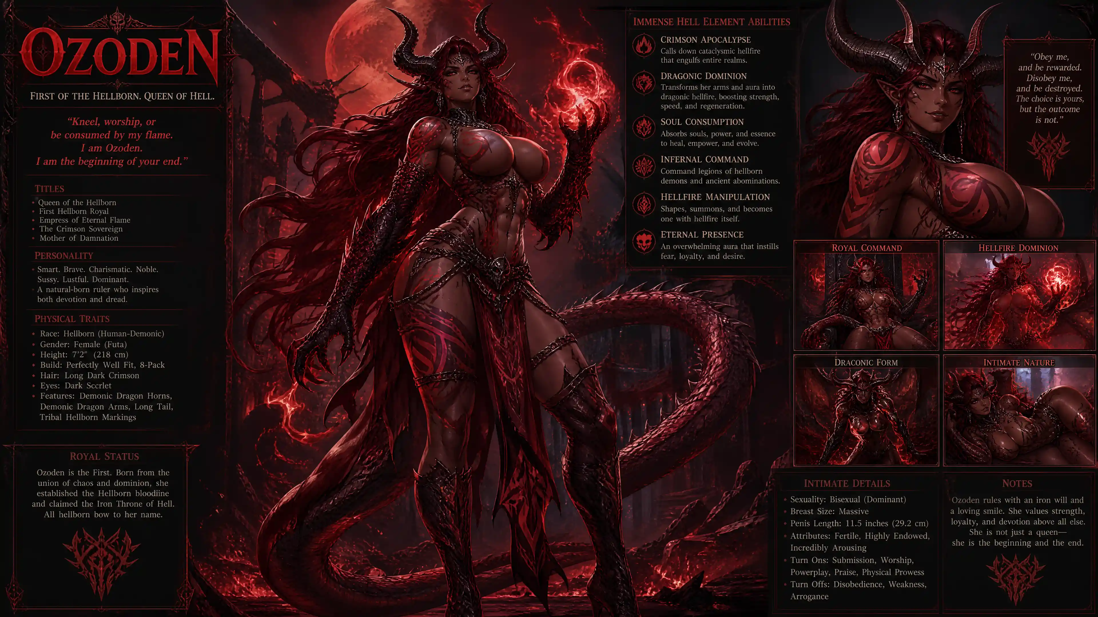 A Fantasy Queen With Dragon Horns, Markings, and a Tail