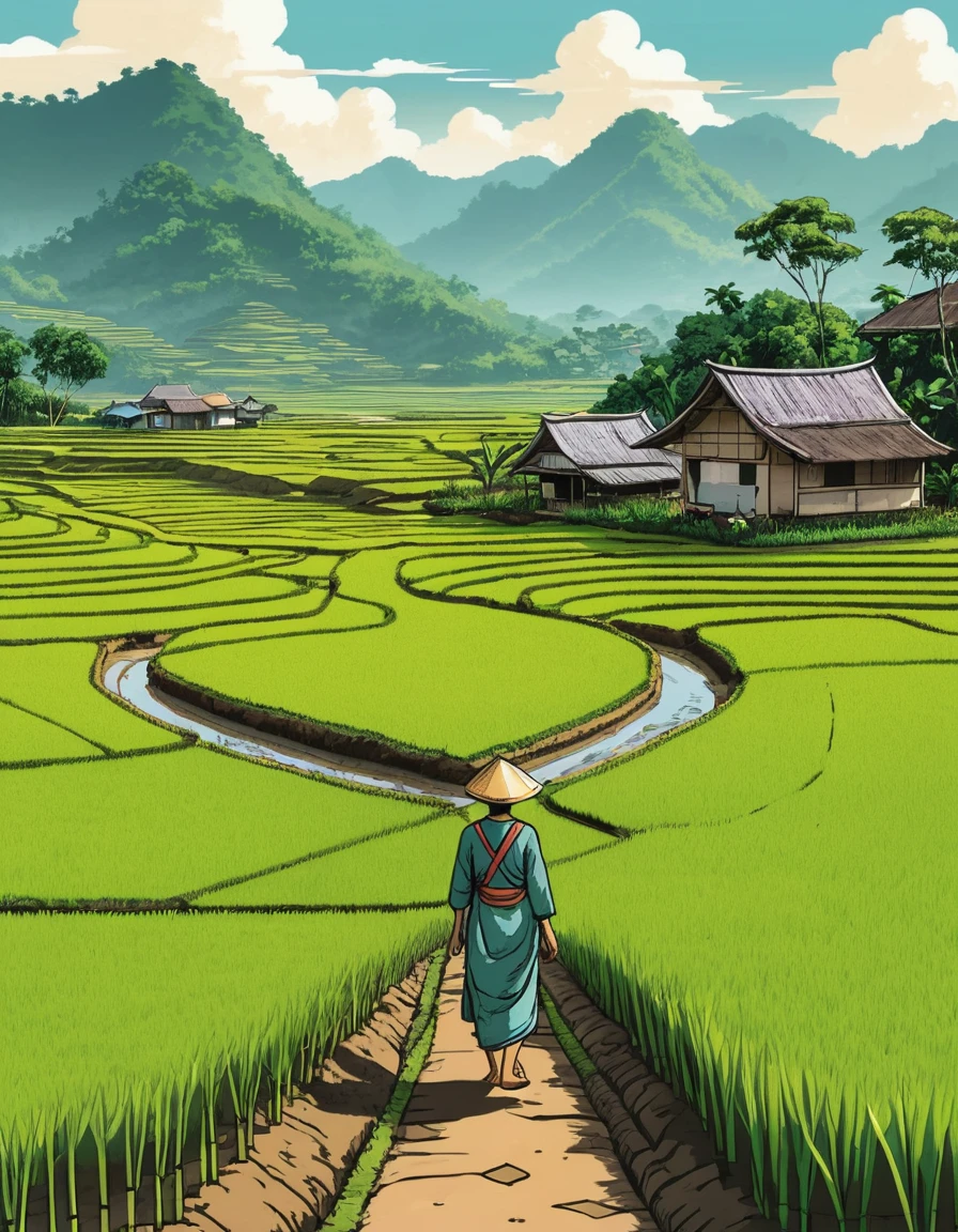 Una contadina cammina tra rigogliose risaie verdi