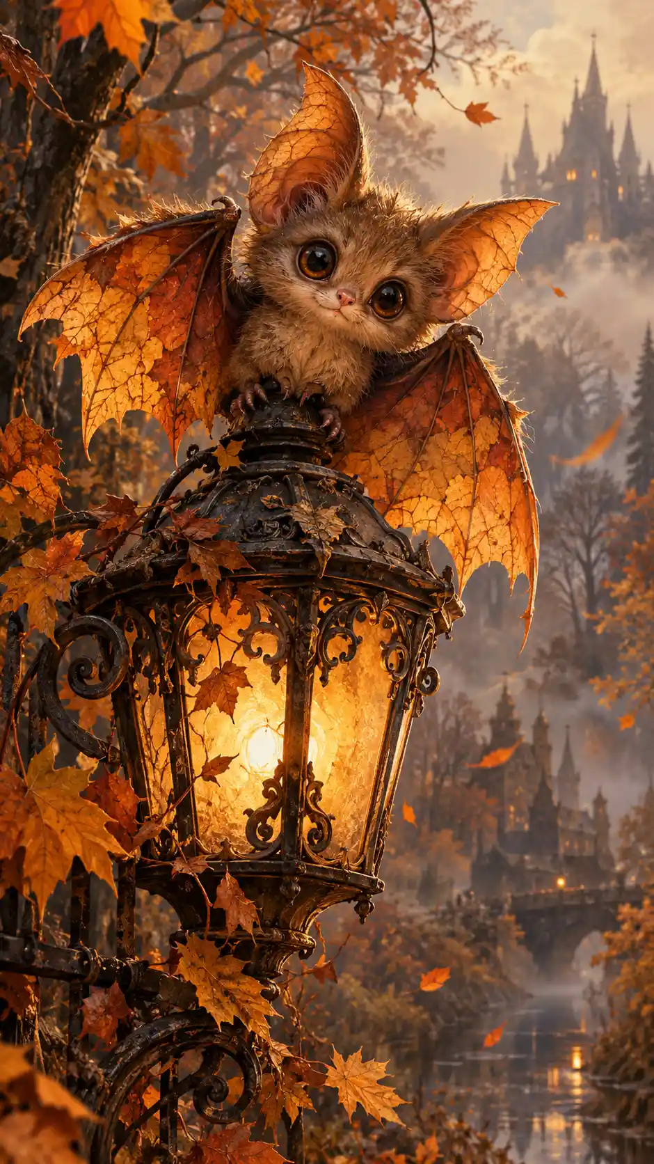 A fuzzy bat perches atop a glowing lantern in an autumn forest
