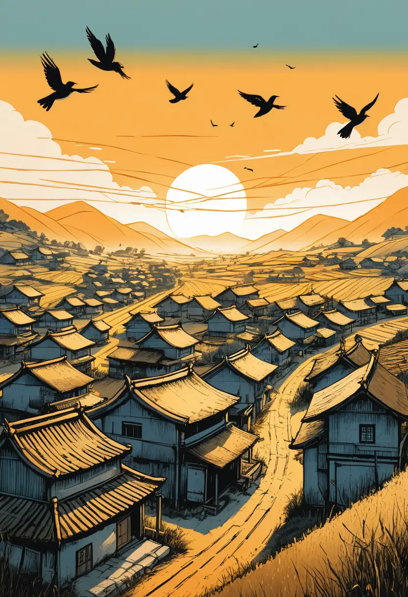 An agricultural village sits beneath a soft sunset sky