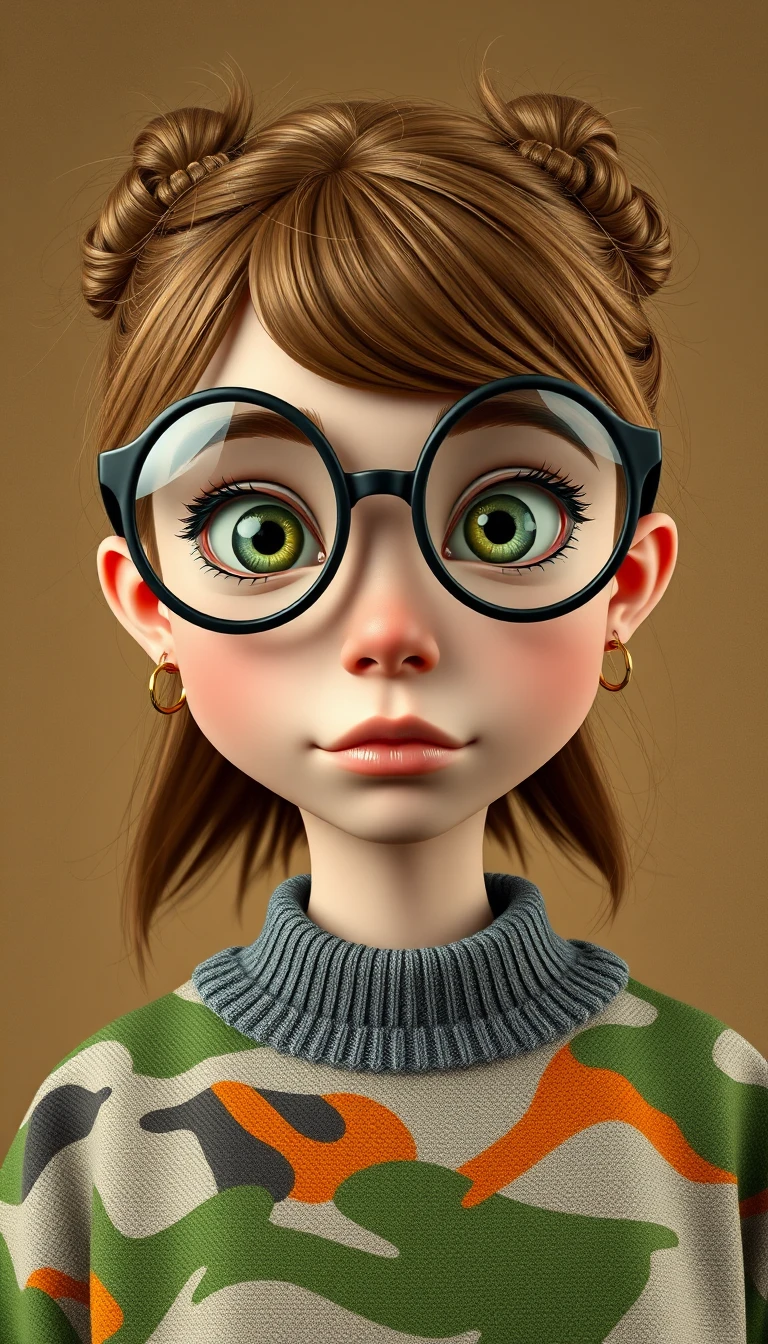 A wide-eyed girl with round glasses in a close-up portrait