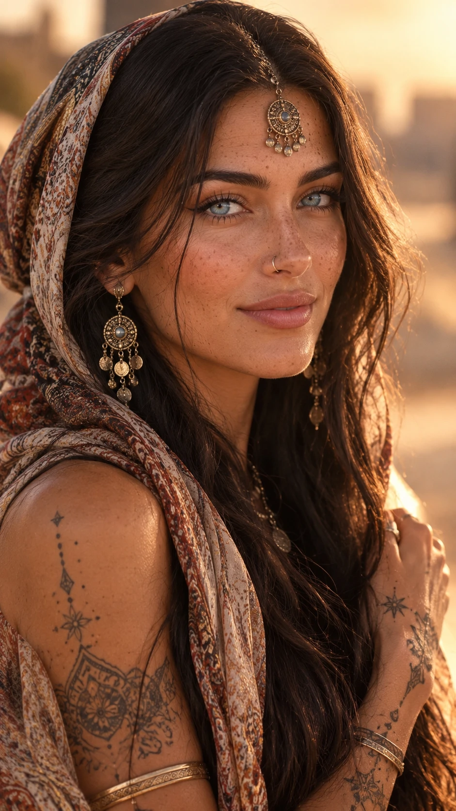 Os olhos azuis de uma mulher destacam-se sob um lenço elegantemente drapeado