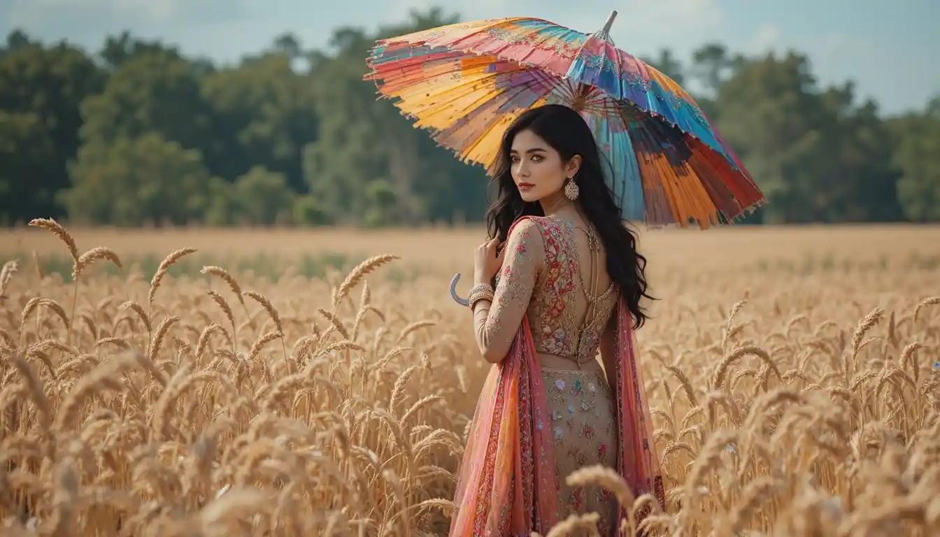 A Punjabi woman walks through a golden field beneath a colorful feather umbrella