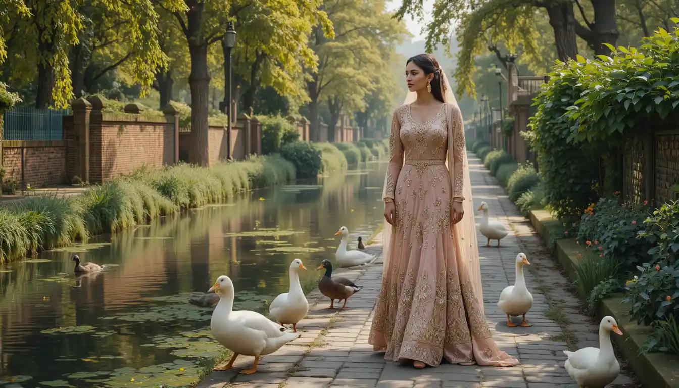 A woman walks beside a narrow canal with ducks nearby