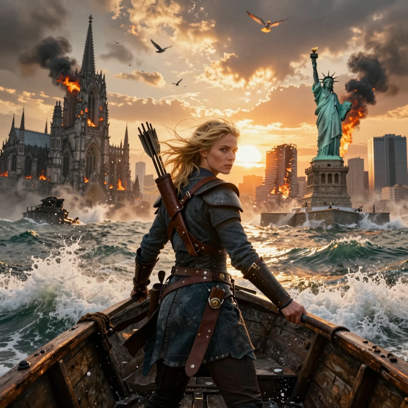 Blonde Archer Steers a Wooden Boat Through a Burning Flooded City