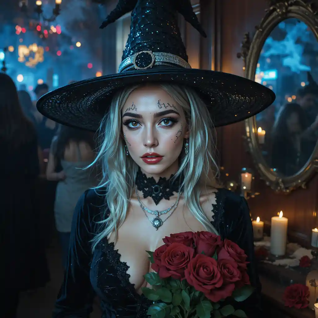 Una persona con un disfraz plateado de bruja en una nostálgica fiesta de Halloween