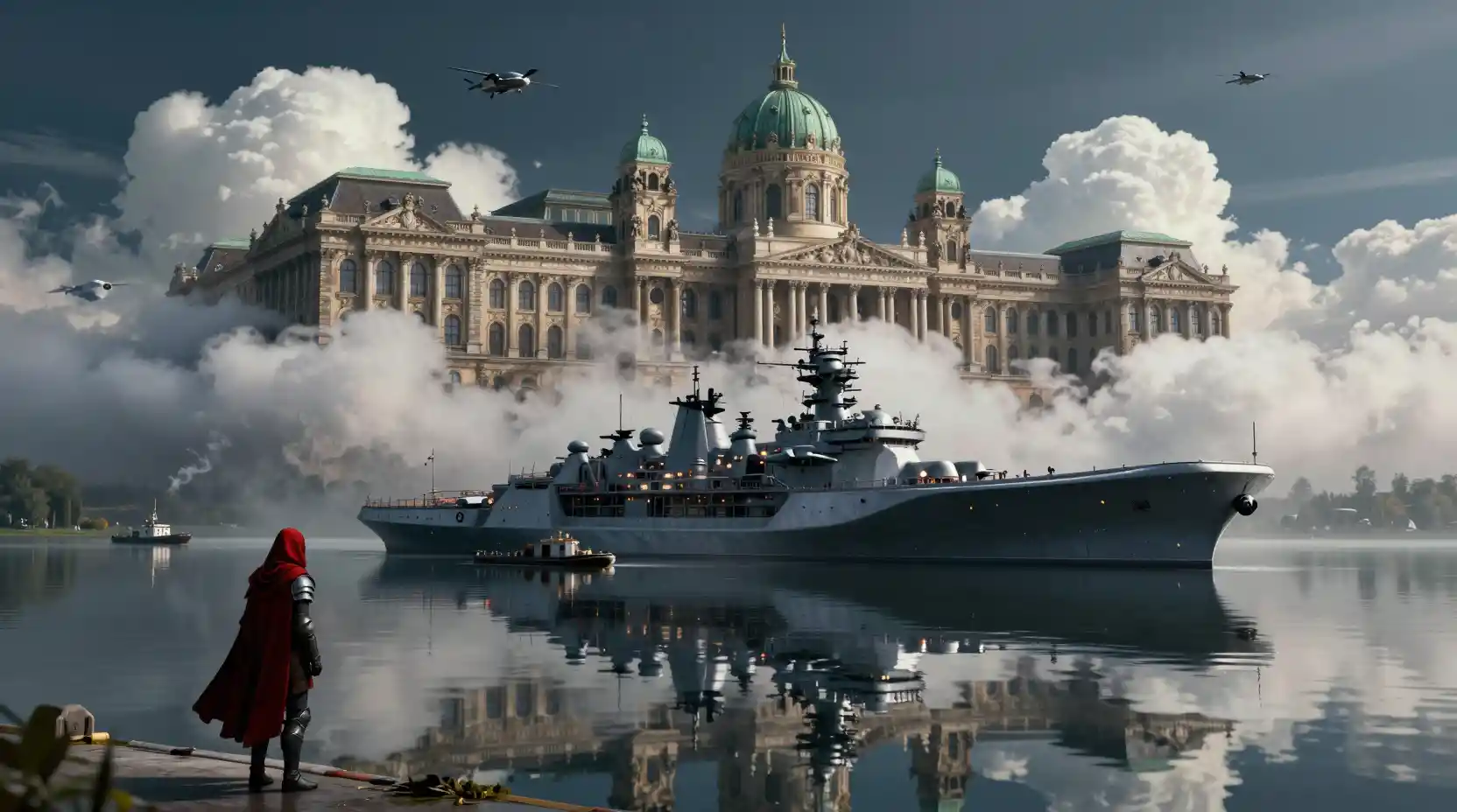 Futuristic naval fleet anchored before a baroque palace above the clouds