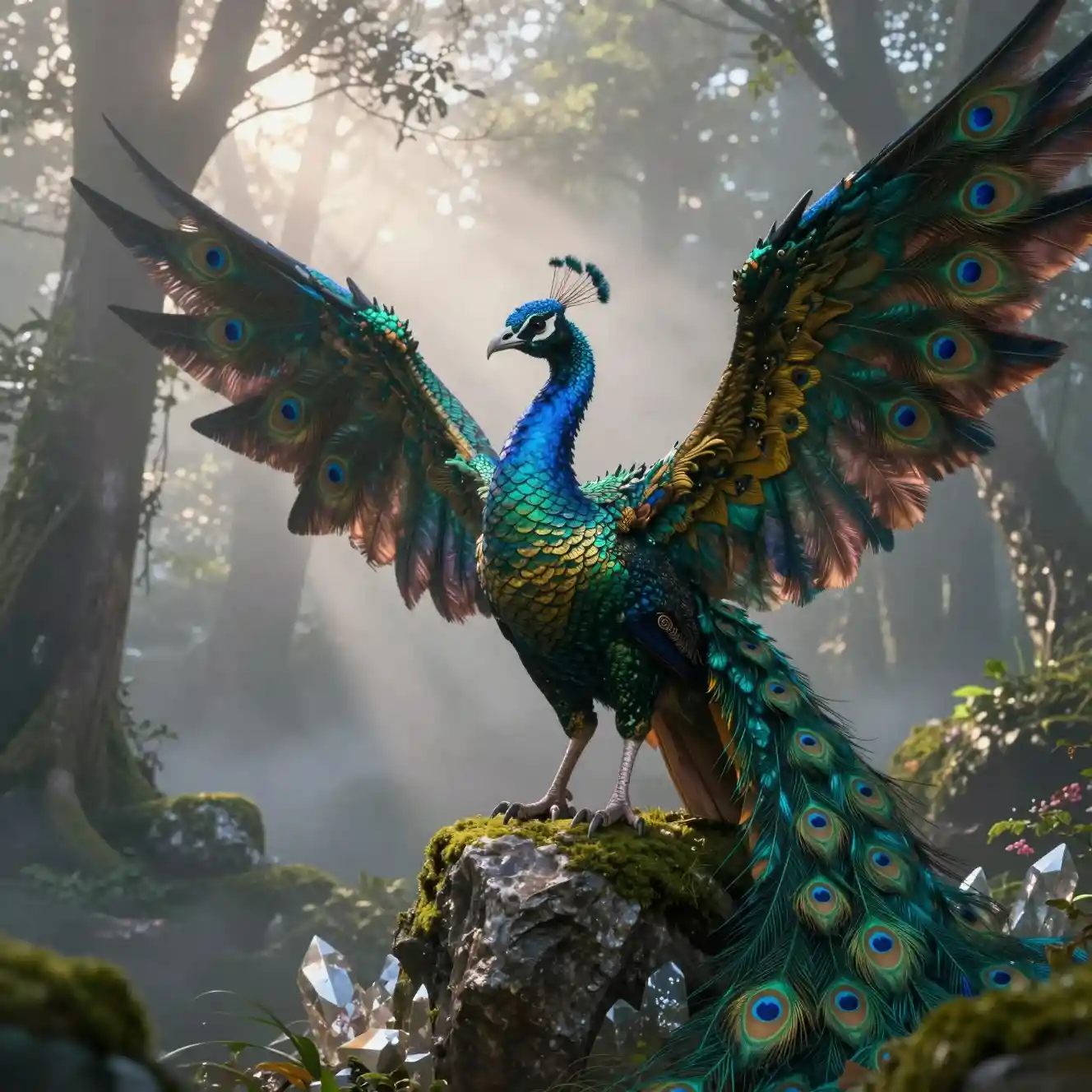 A dragon and peacock hybrid perches atop a crystal monolith in a foggy forest