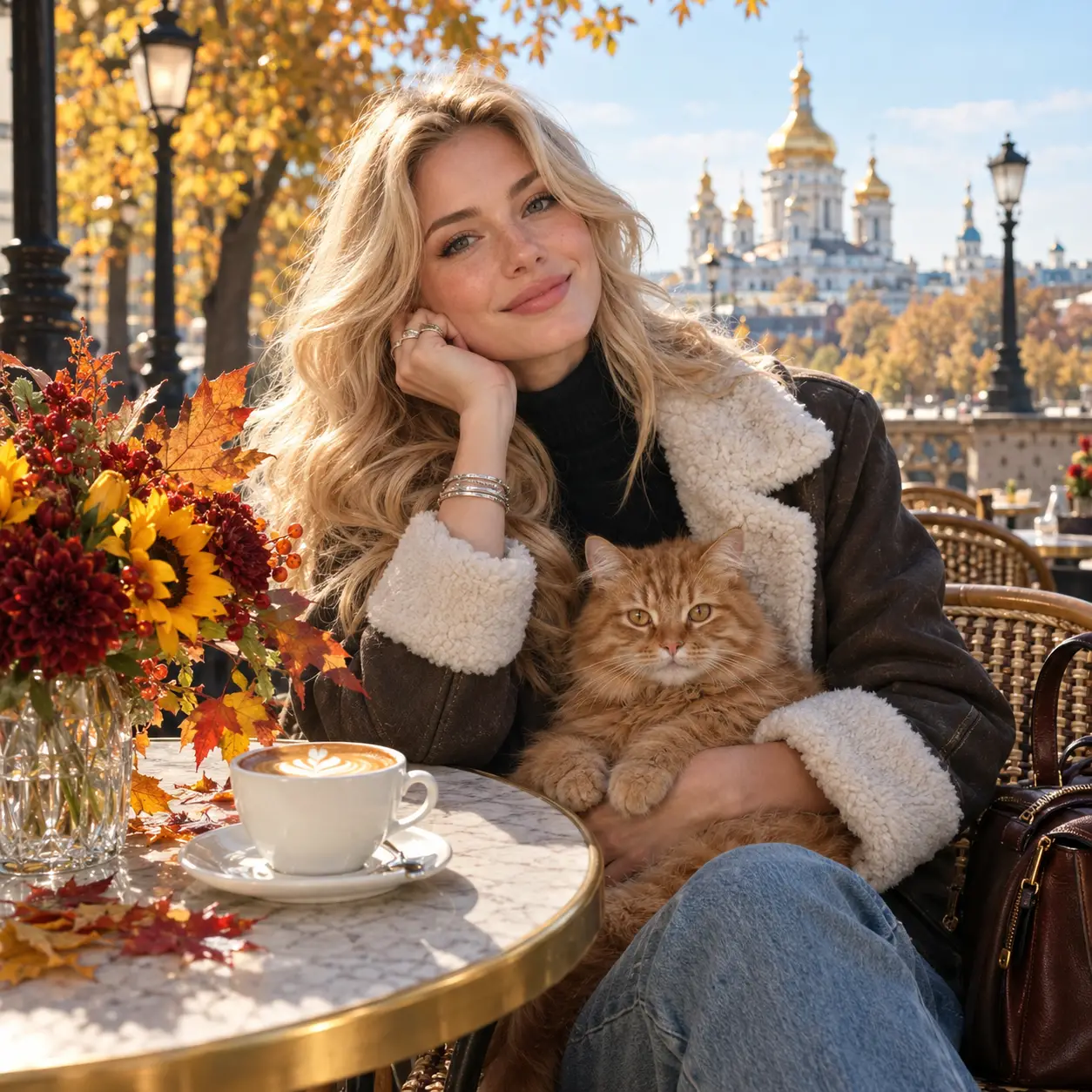 Blonde woman holds a ginger cat at a sunny European cafe