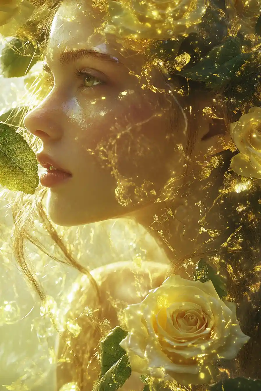 Glowing yellow roses and green thistles in a mystical fantasy scene