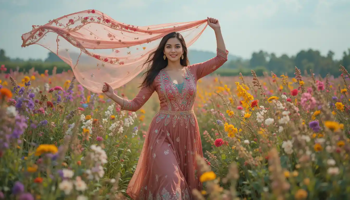 A Woman Raises Her Dupatta While Walking Through Flowering Reeds