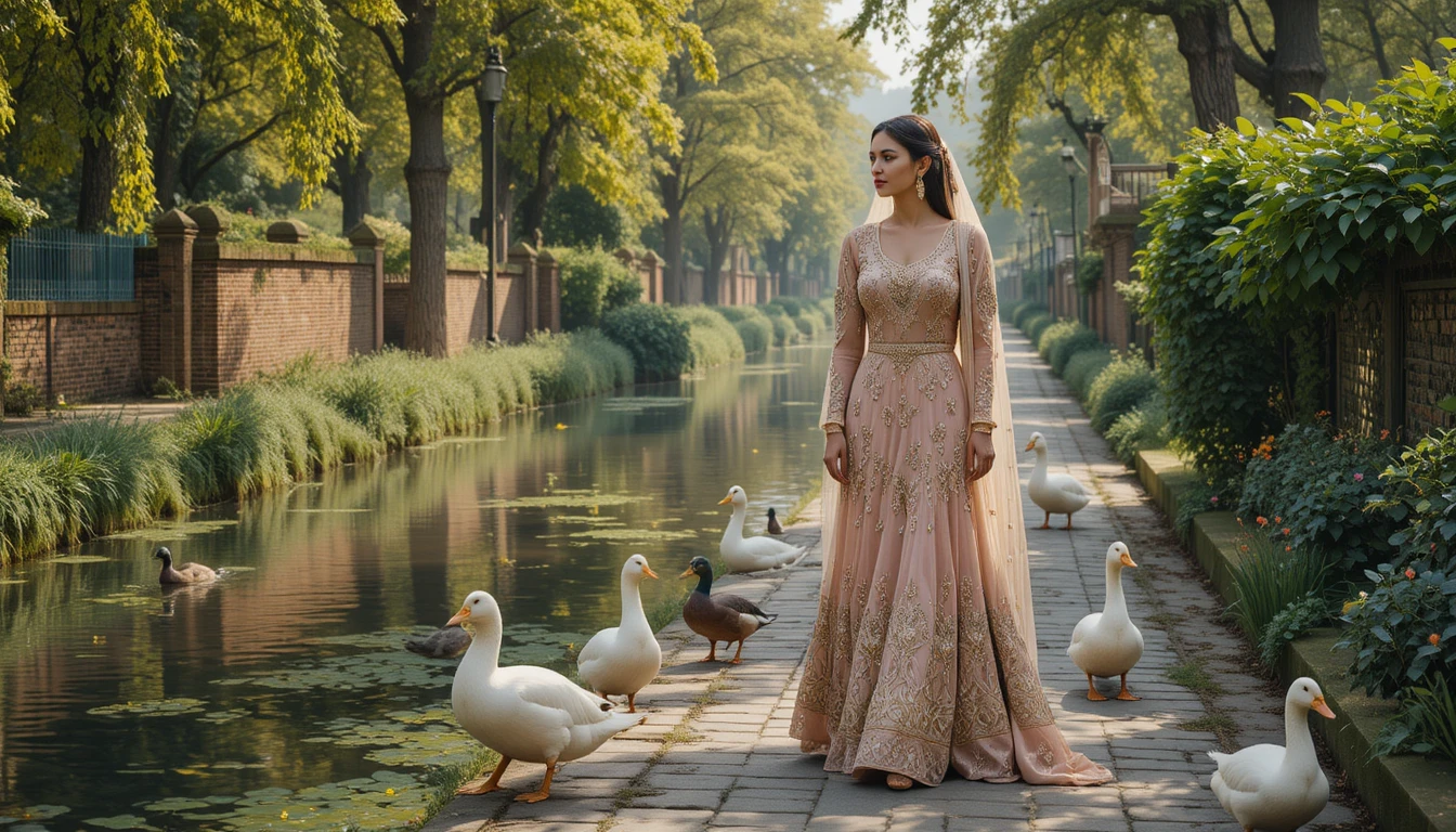 A woman walks beside a narrow canal with ducks nearby