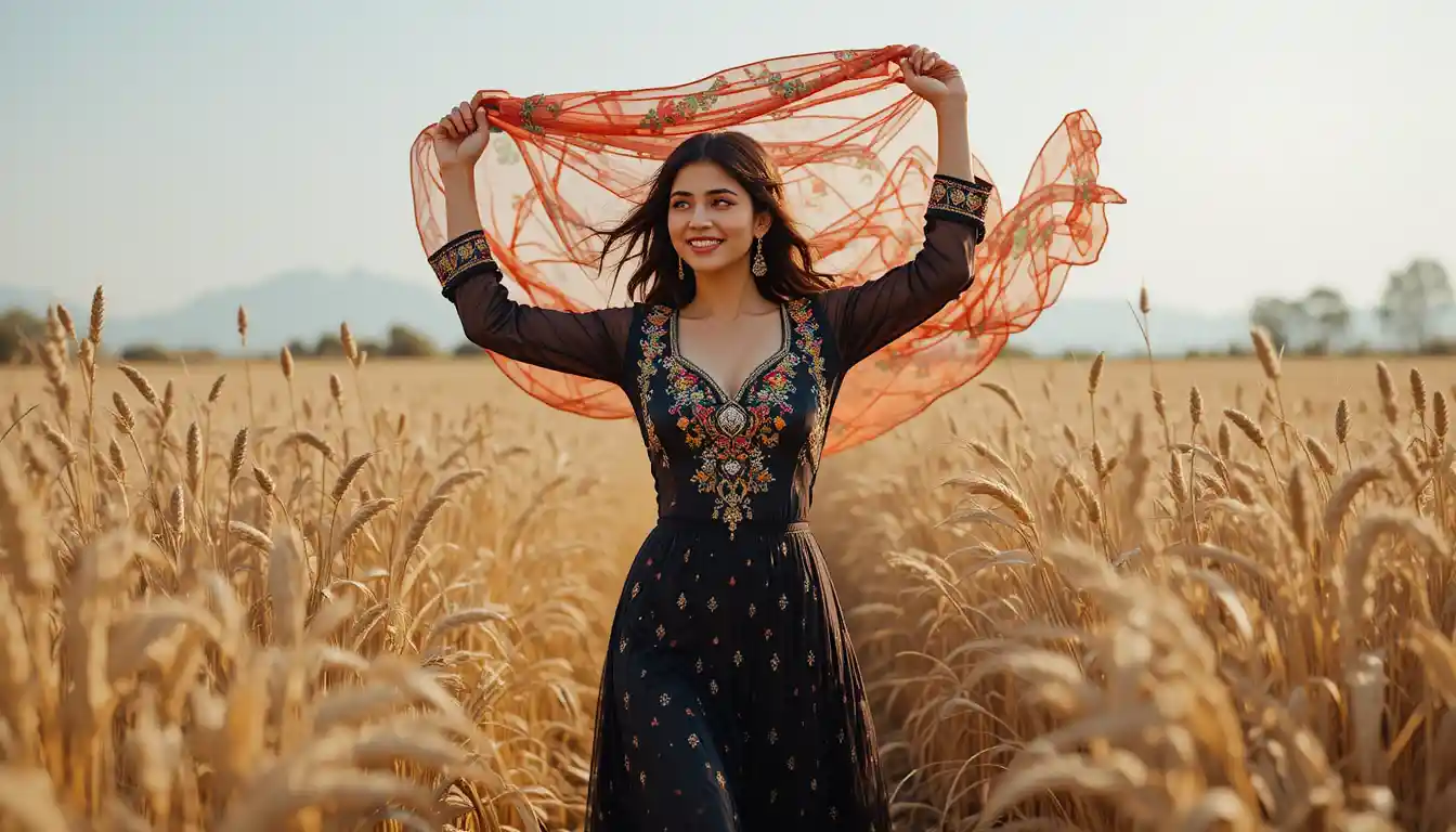 Punjabi Woman Walking Through Golden Reeds with a Colorful Dupatta