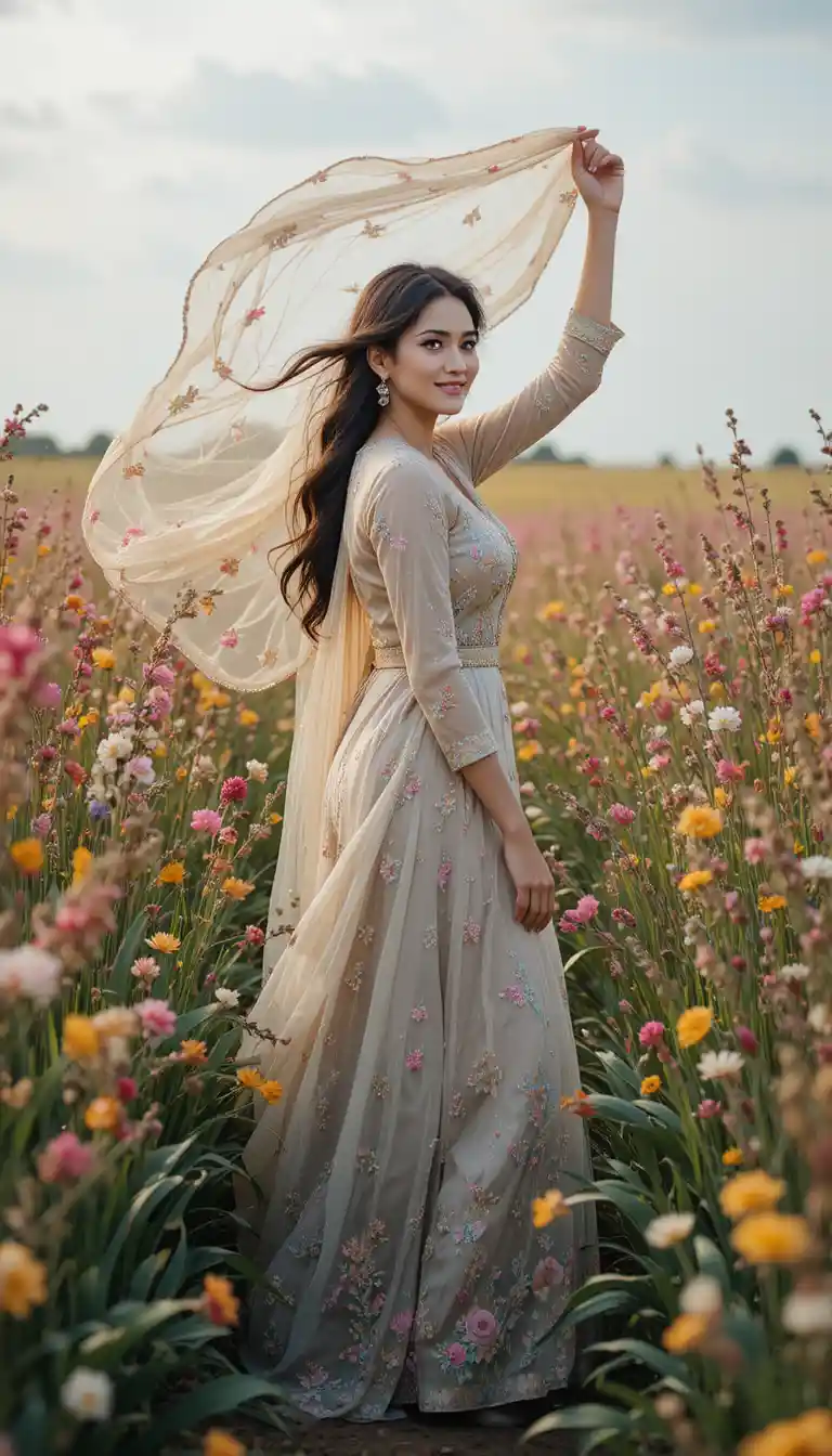 A woman walks through a field of multicolored flowering reeds