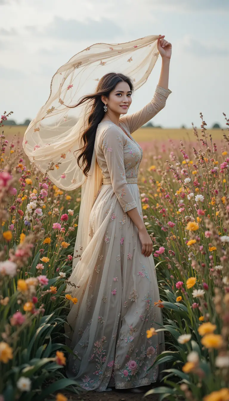 一名女子漫步於開滿繽紛花朵的蘆葦田