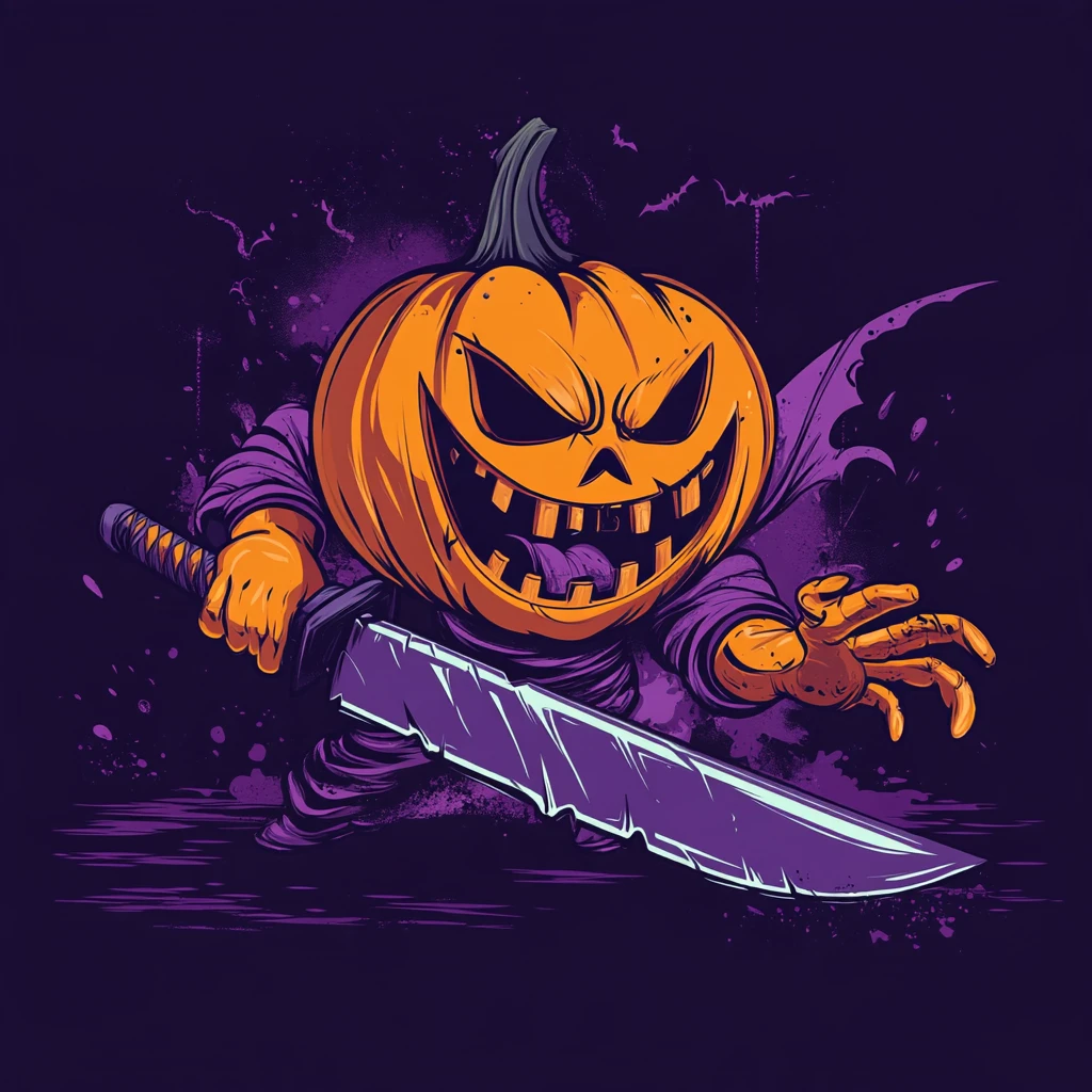 A Ninja Pumpkin Attacks a Large Kitchen Knife in a Dark Halloween Scene