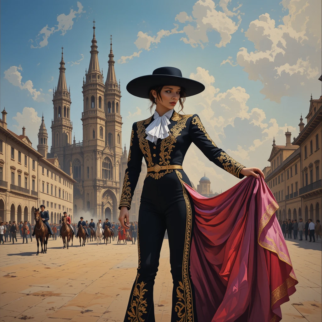 A Spanish matador stands before a historic cathedral in a sunlit plaza