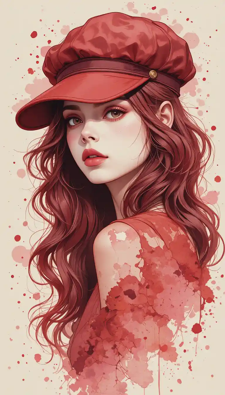 A young woman in a red cap with flowing dark hair
