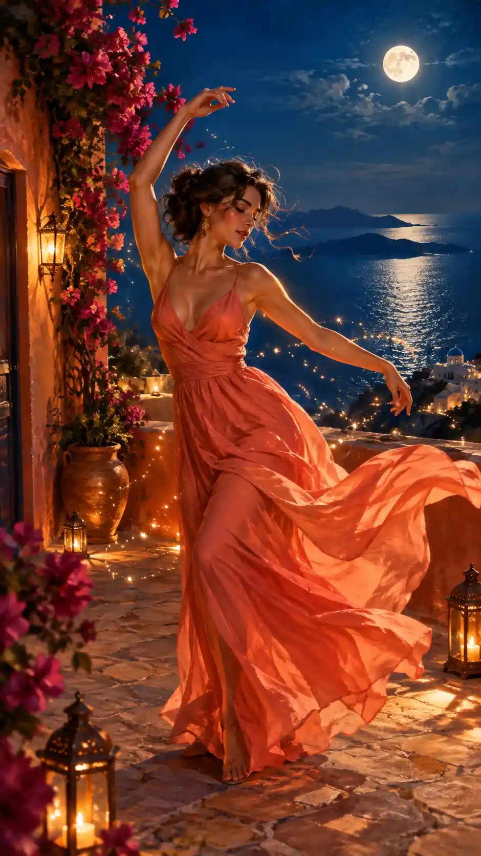 A Woman Dances Alone on a Moonlit Mediterranean Terrace