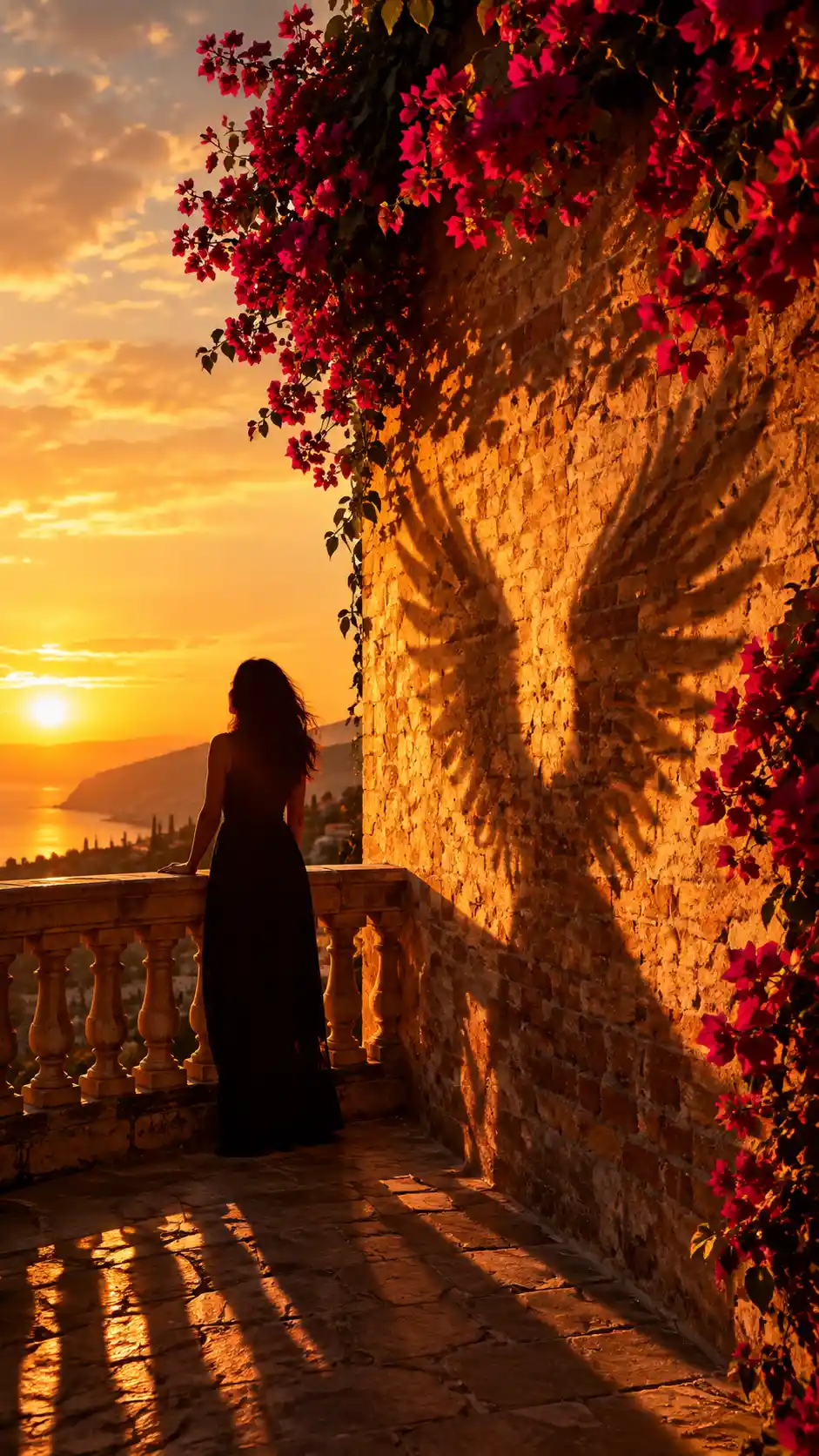 A silhouetted figure stands on a balcony as phoenix wing shadows fall