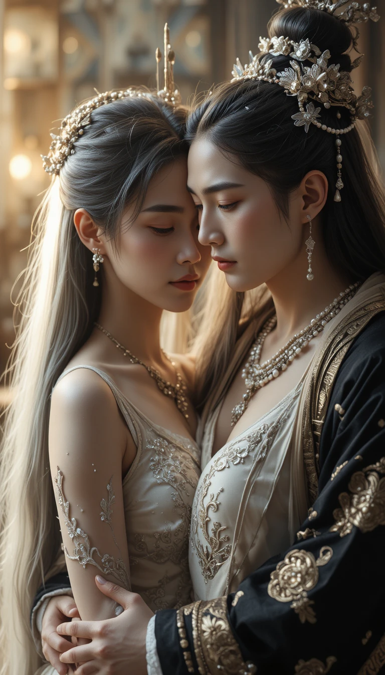 An elderly East Asian man embraces a young woman in white