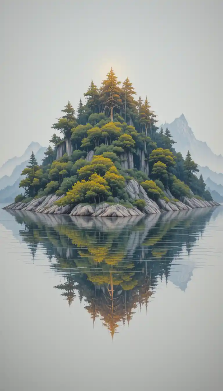 A Serene Island Reflects Golden Dusk Light Across A Tranquil Lake