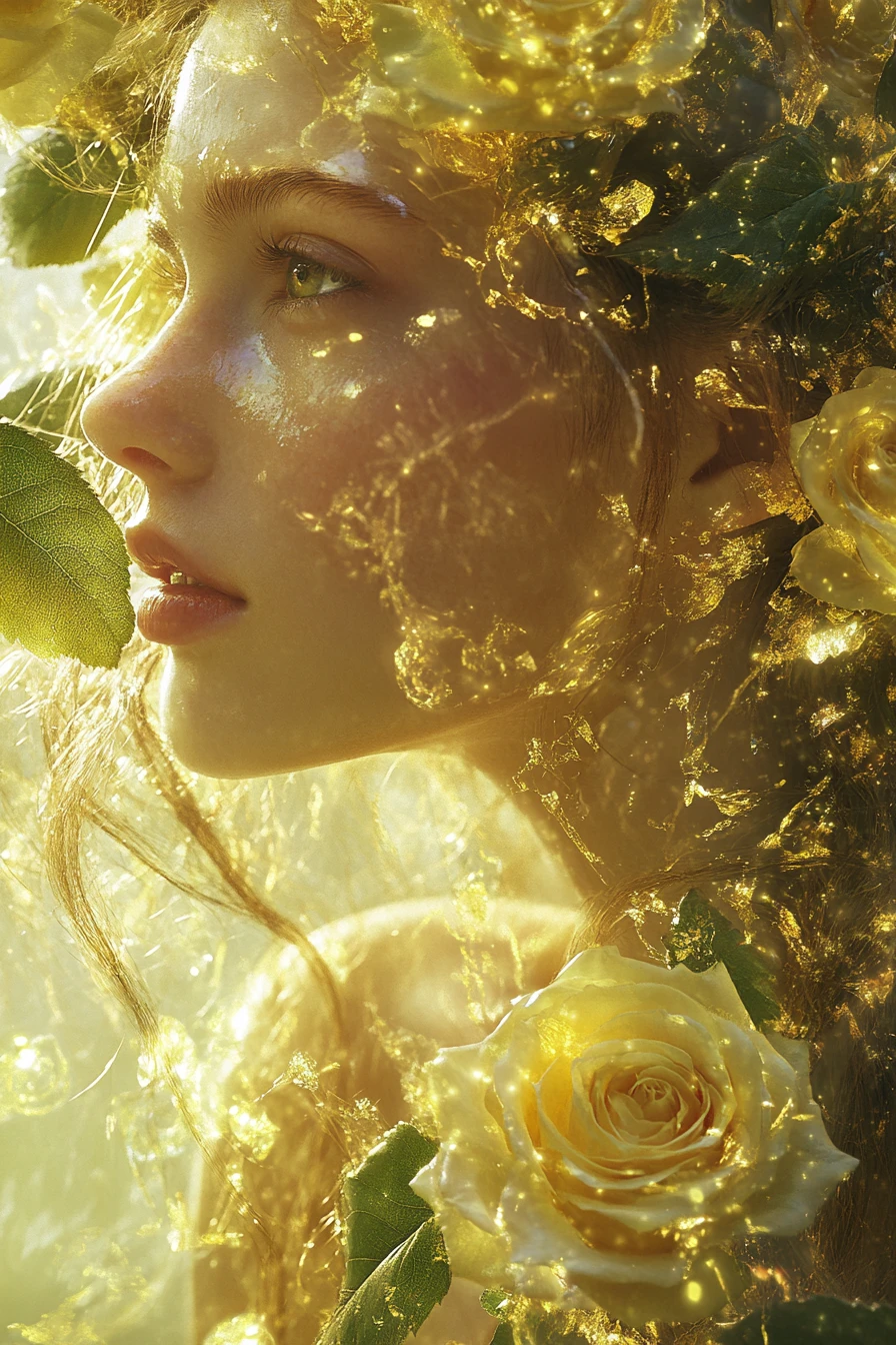 Glowing yellow roses and green thistles in a mystical fantasy scene