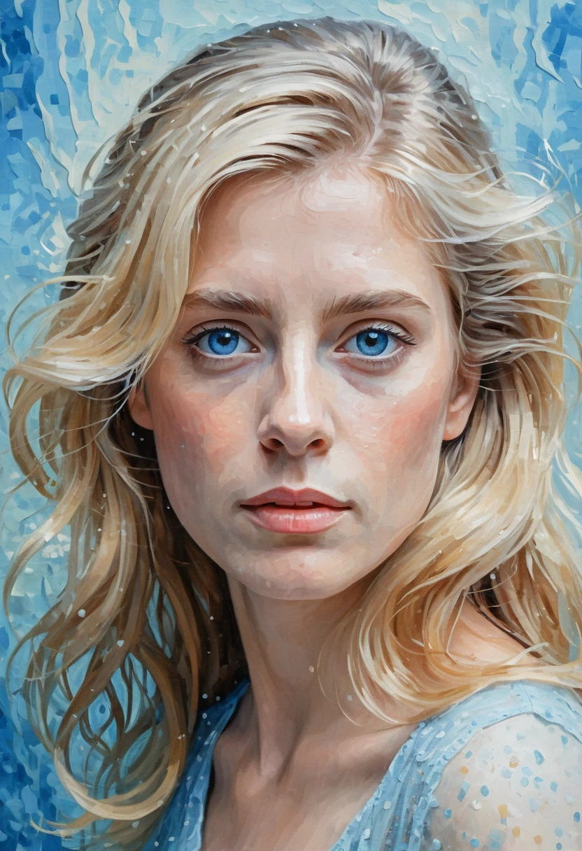 A Young Woman's Impressionist Portrait in Luminous Blue Oil Paint