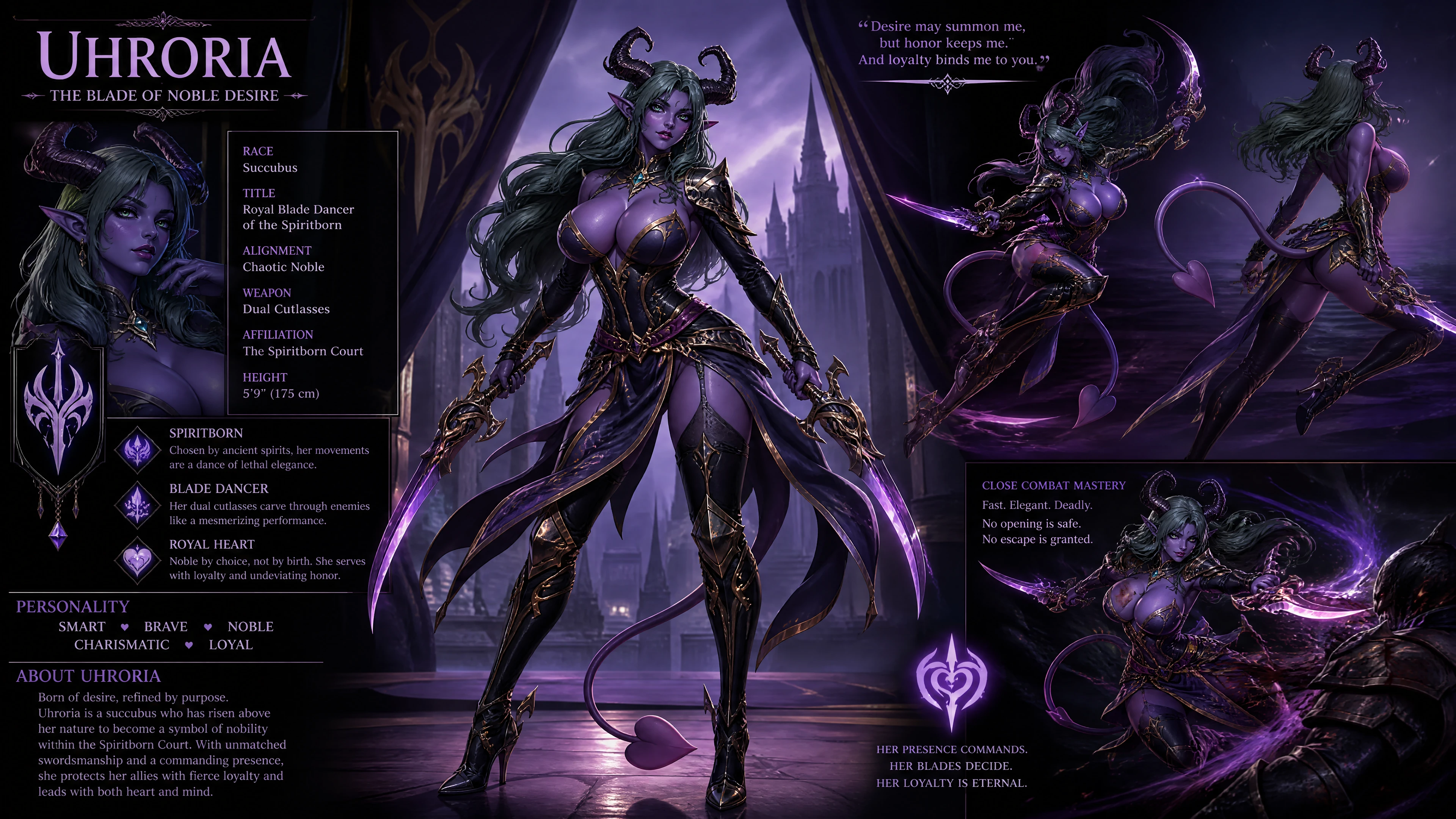 A purple succubus with swirling horns and a heart-tipped tail