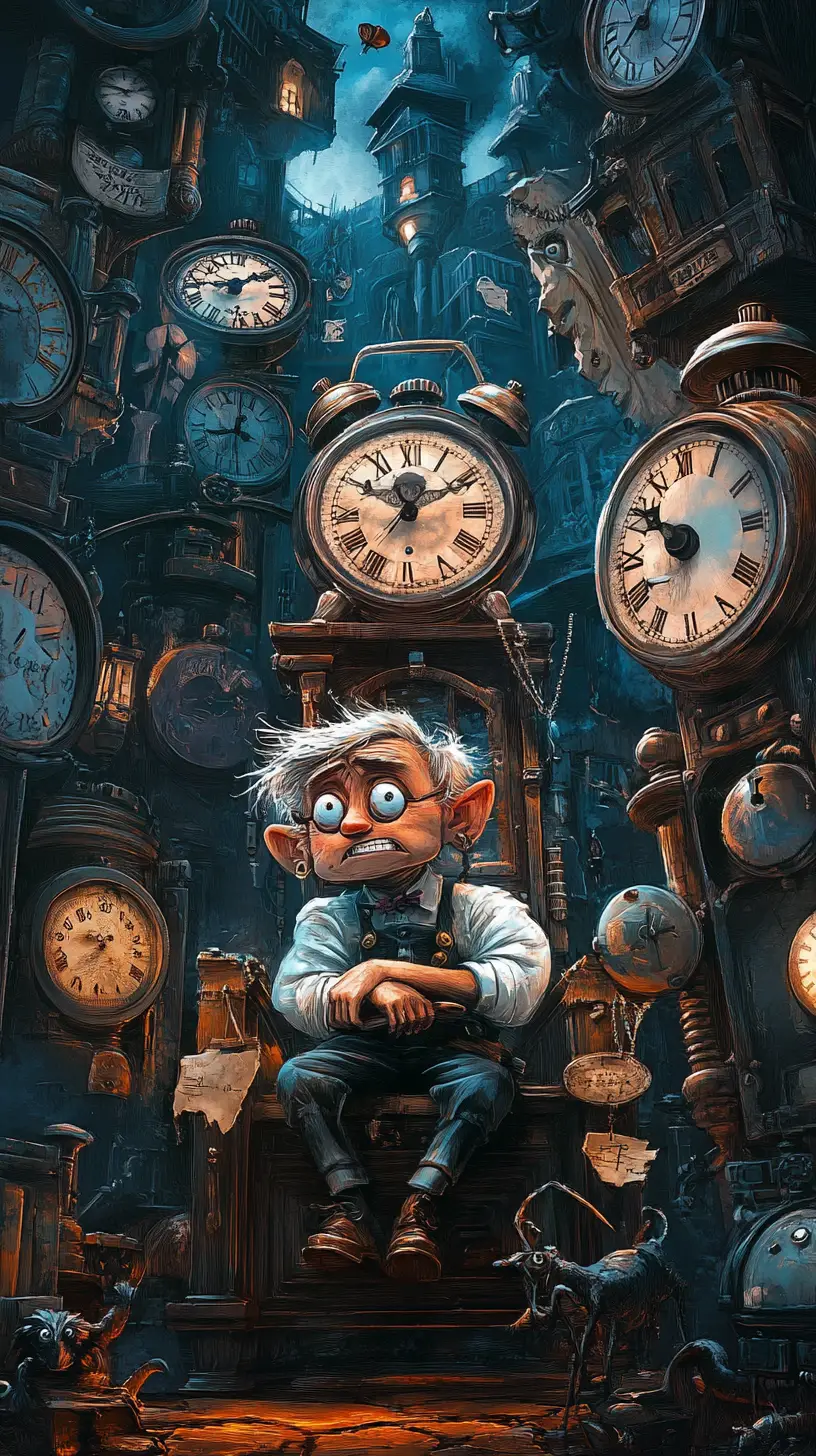 Un orologiaio esausto circondato da imponenti orologi a pendolo che ticchettano