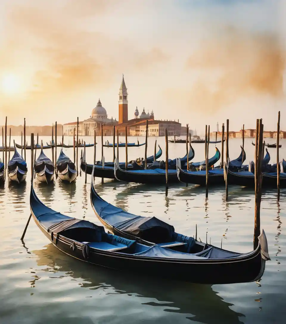 Watercolor sunrise over Venice lagoon with gondolas and historic buildings