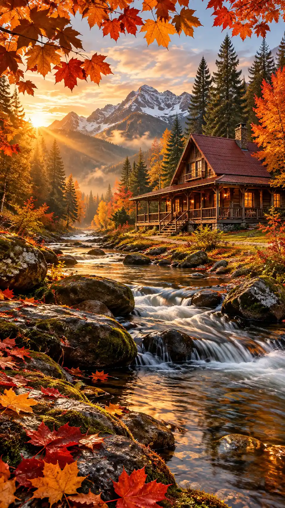 Autumn cabin beside a stream beneath brilliant fall foliage