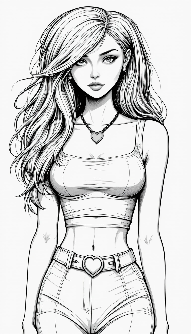 Una giovane donna in un'illustrazione di moda monocromatica con gioielli a forma di cuore