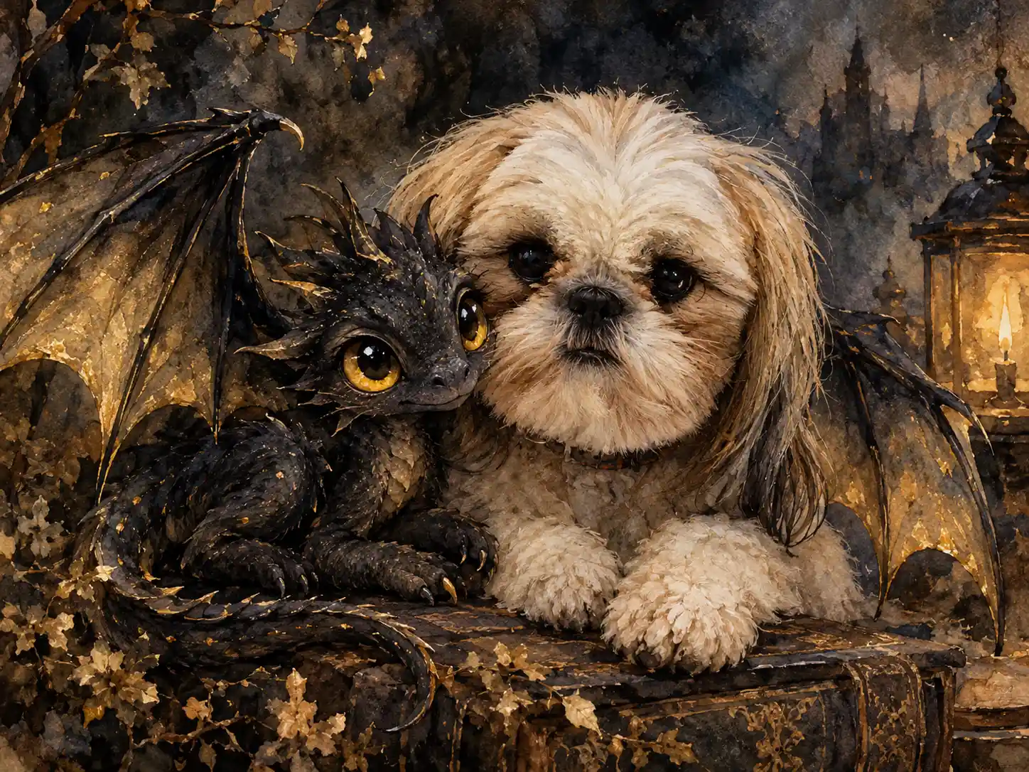A Tiny Watercolor Dragon and Shih Tzu Share a Dreamlike Scene