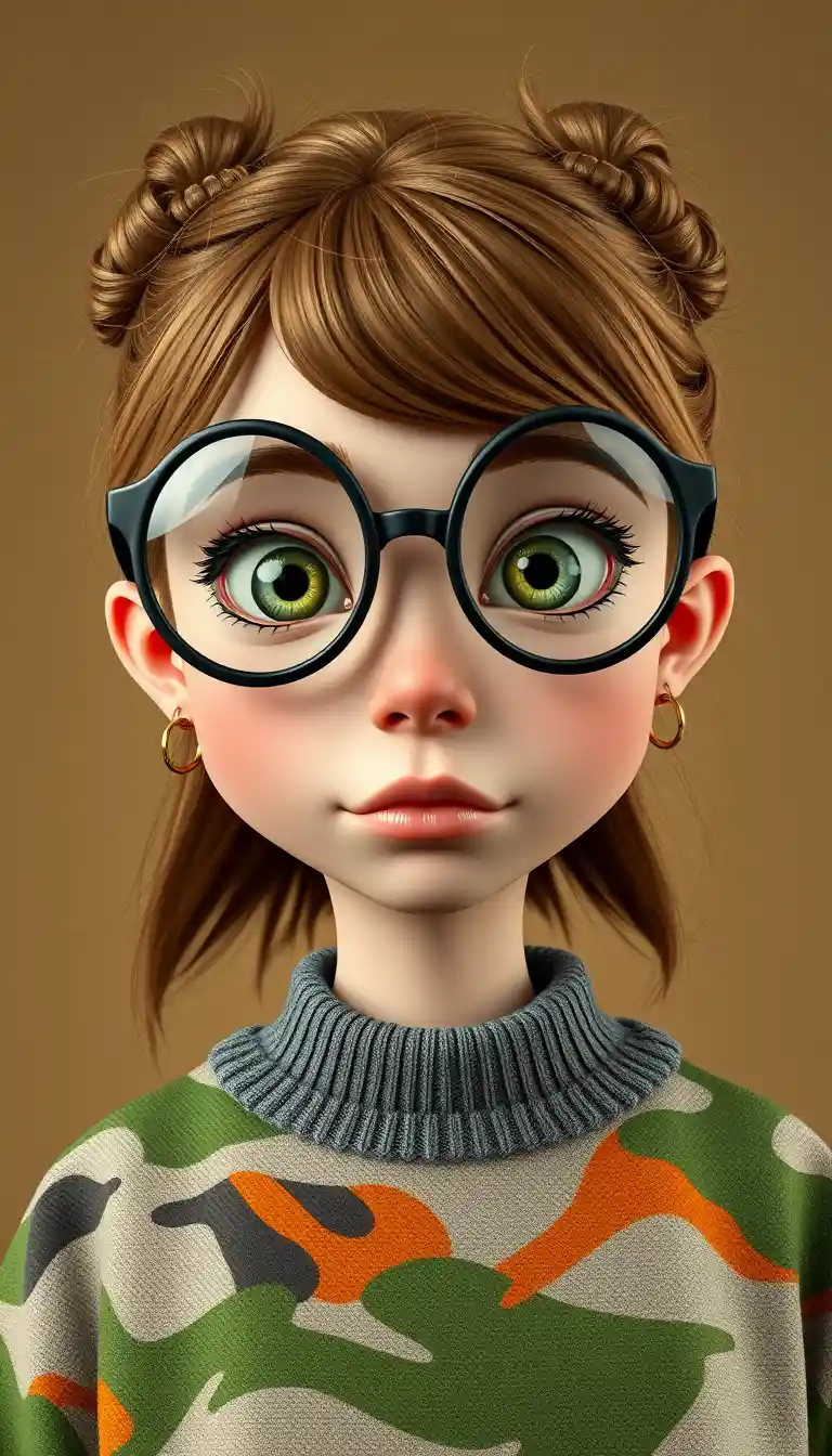 A wide-eyed girl with round glasses in a close-up portrait