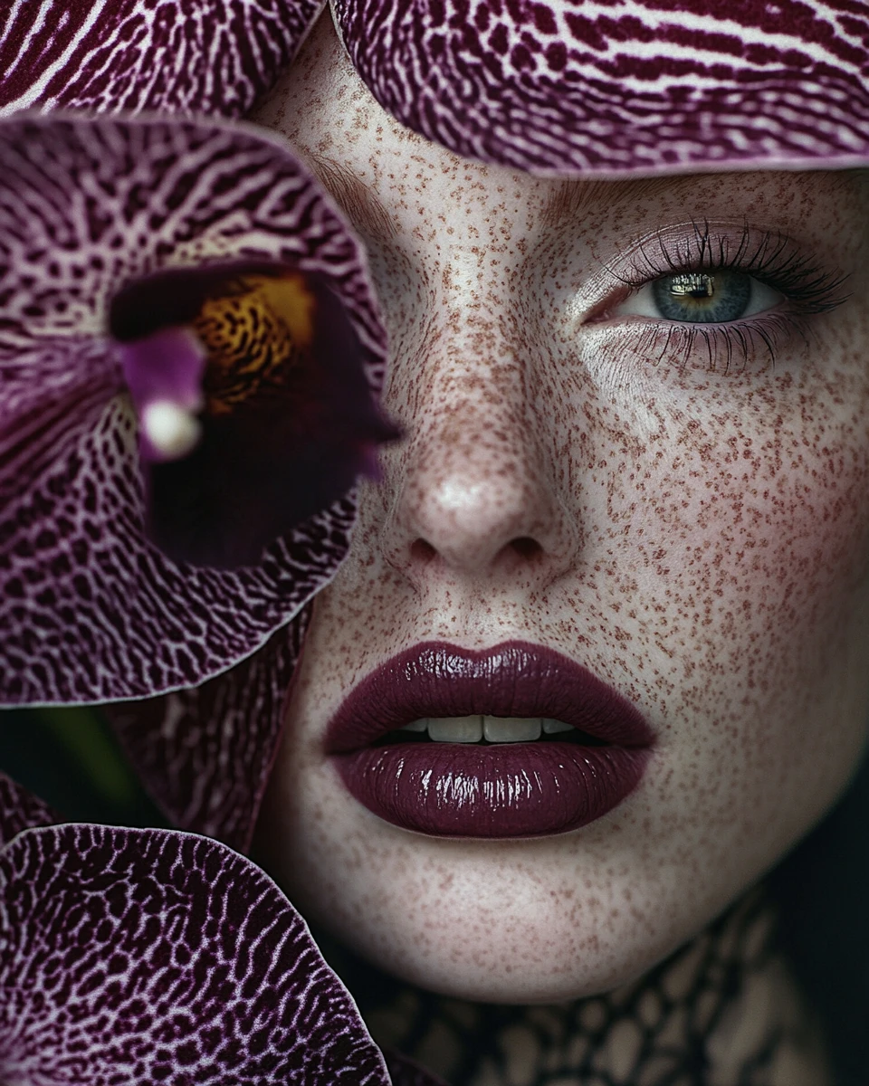 Freckled model portrait framed by striped orchids and black lace