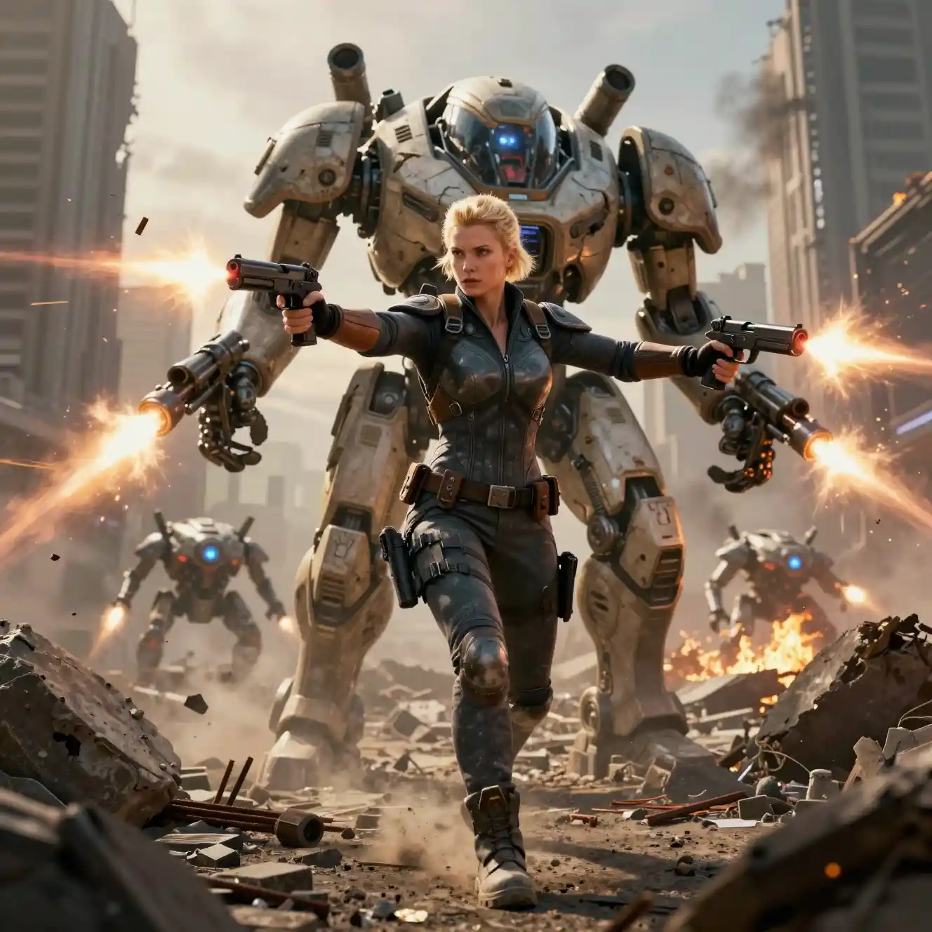 Uma soldado tática avança pelas ruínas ao lado de um imponente mecha de combate