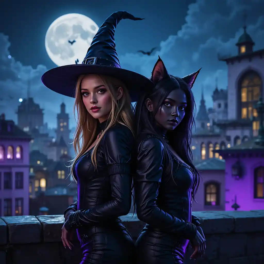 A Halloween couple poses as a witch and a black cat character