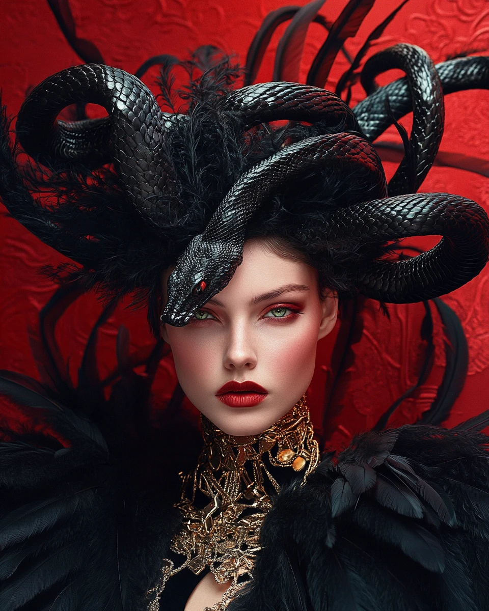 A fashion portrait with black serpents crowning a sculptural updo