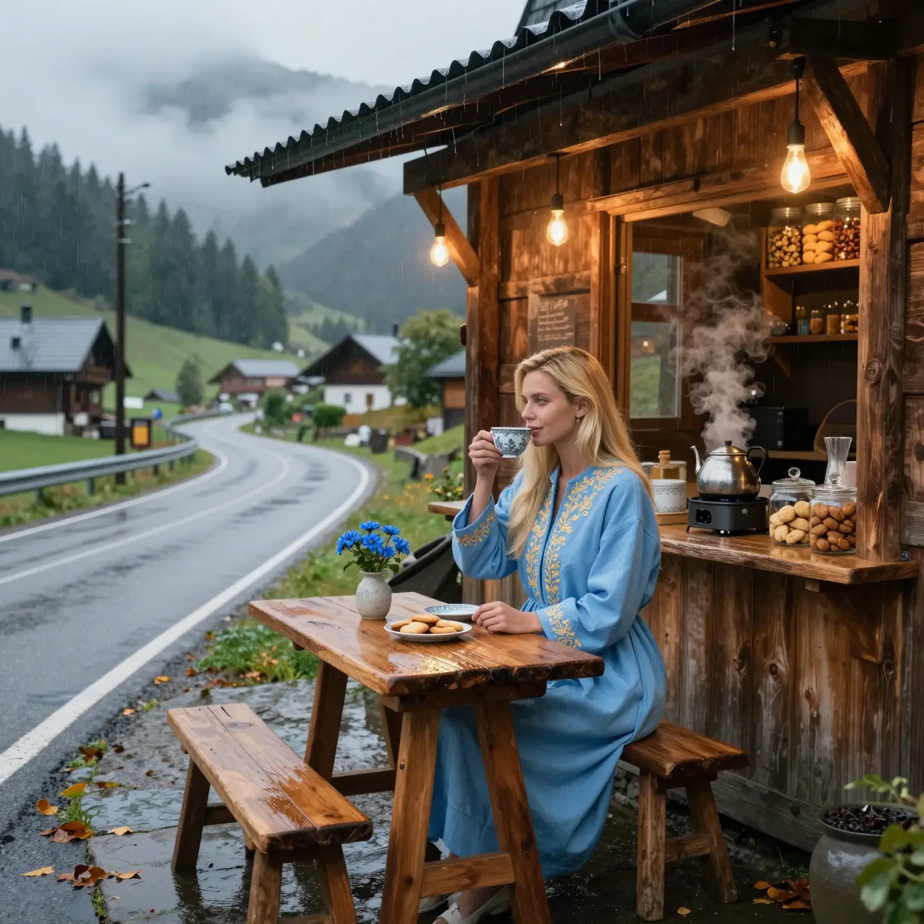 Blonde woman sips tea beside a roadside stall in a misty village