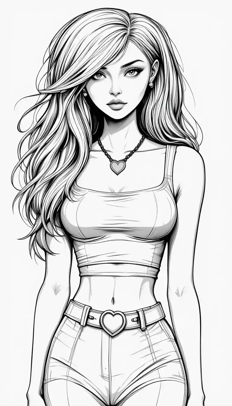 ハートアクセサリーを身に着けた若い女性のモノクロファッションイラスト