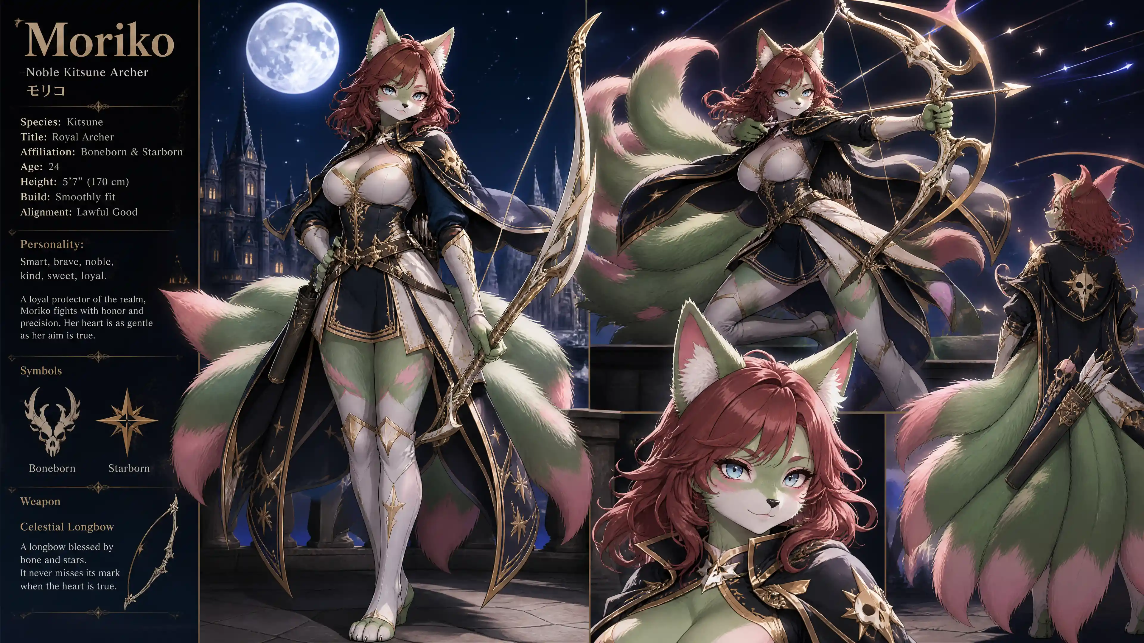 Arquera kitsune de nueve colas verde y rosa con uniforme real