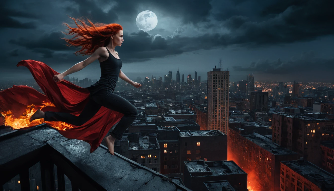 A flame-haired woman leaps between city rooftops beneath moonlit clouds