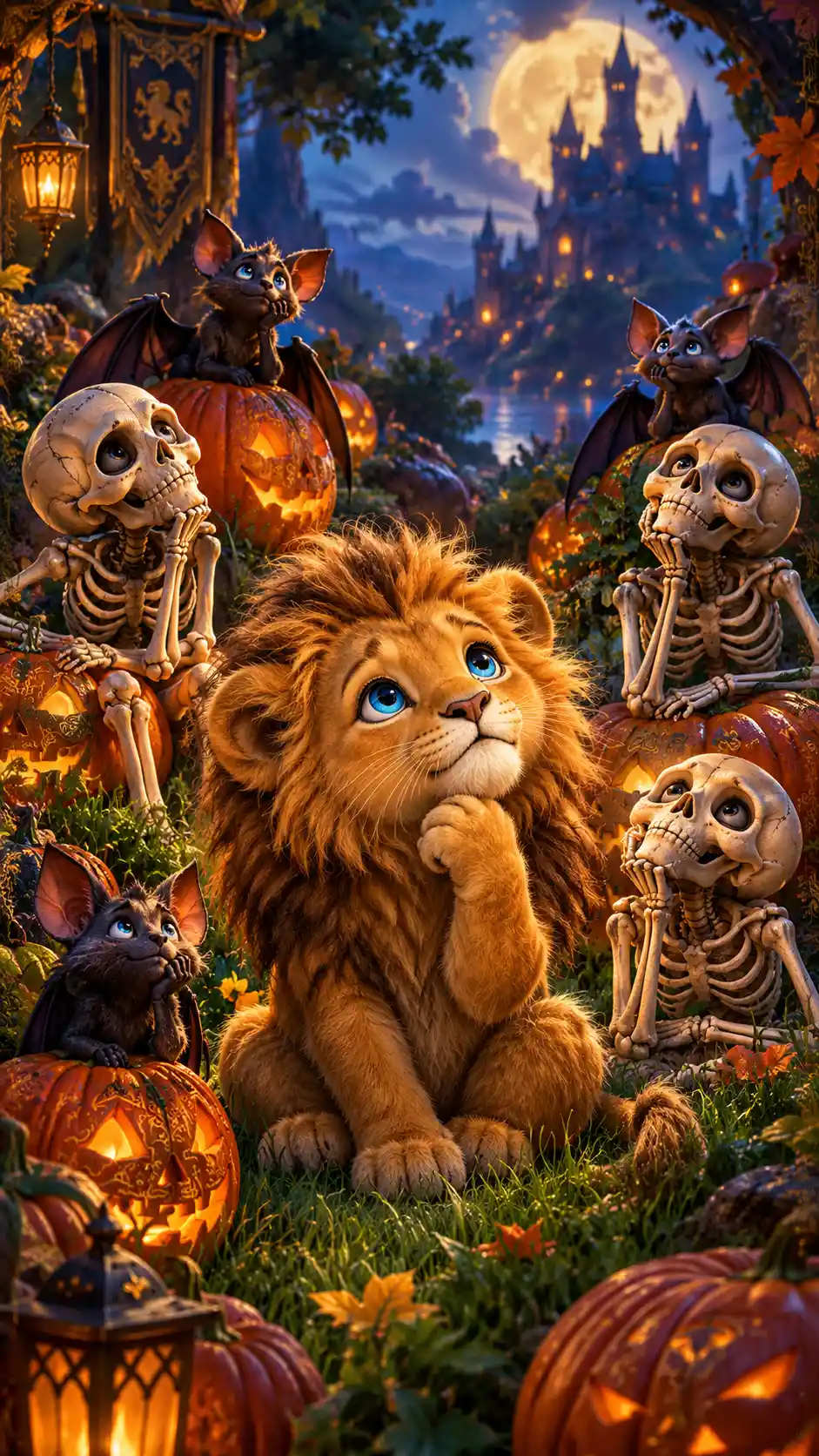 A thoughtful lion cub sits among Halloween pumpkins, bats, and skeletons on green grass