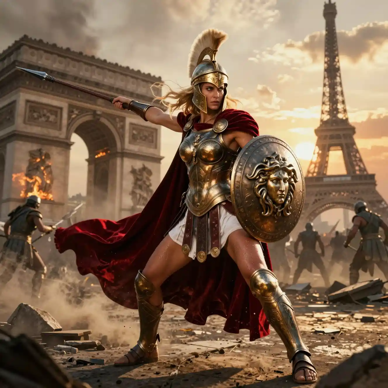 A Greek Amazon Queen Thrusts Her Spear Against Burning Paris