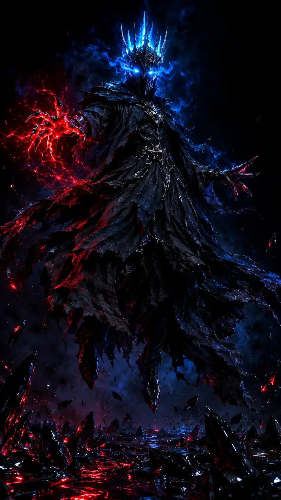 A dark wraith hovers over obsidian with a glowing blue crown