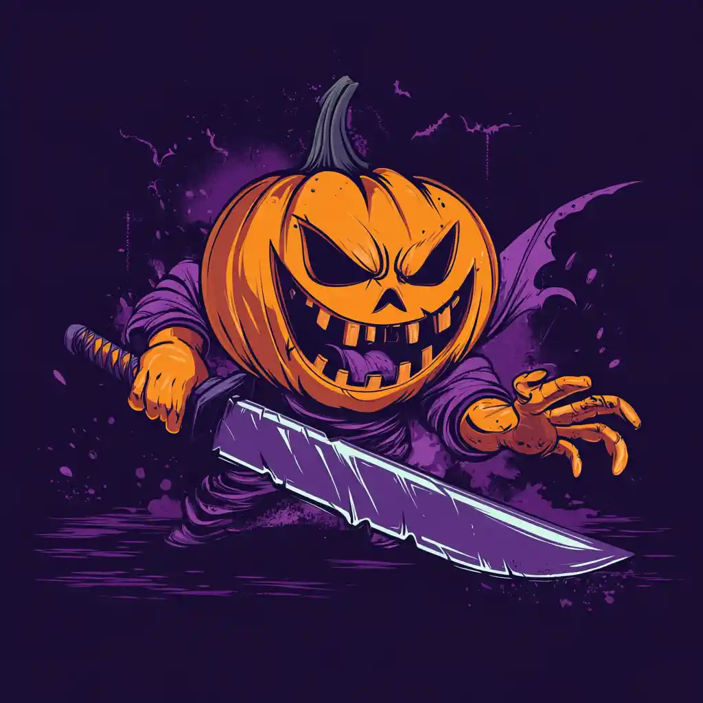 A Ninja Pumpkin Attacks a Large Kitchen Knife in a Dark Halloween Scene