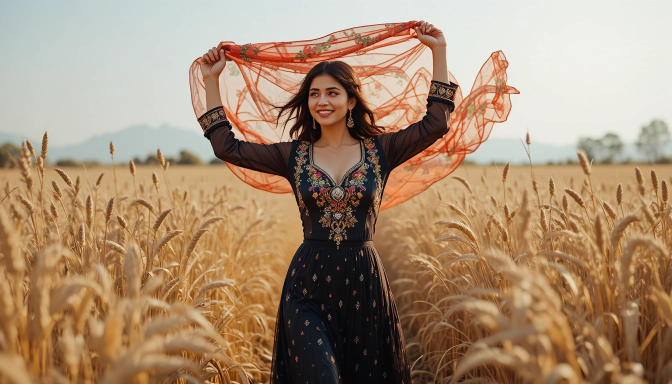 Punjabi Woman Walking Through Golden Reeds with a Colorful Dupatta