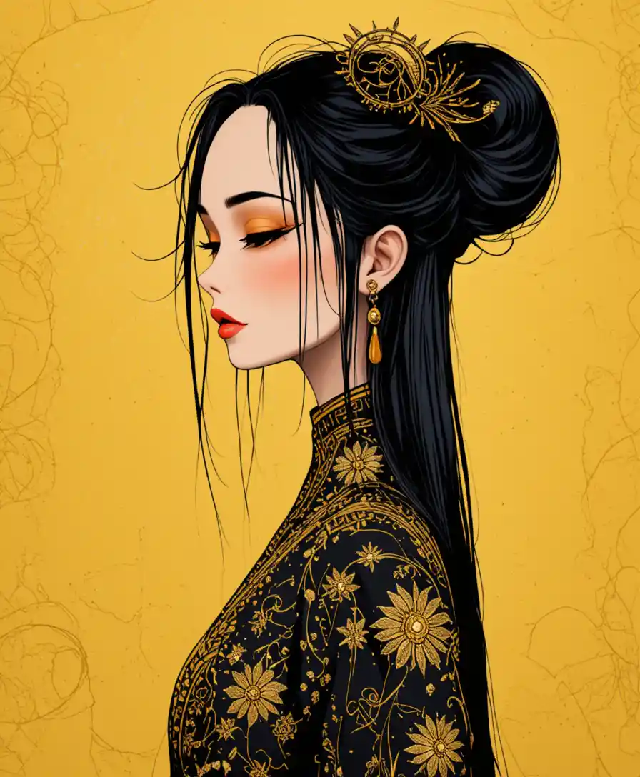 Portrait stylisé d’une femme vêtue d’une somptueuse tenue dorée sur un fond jaune éclatant