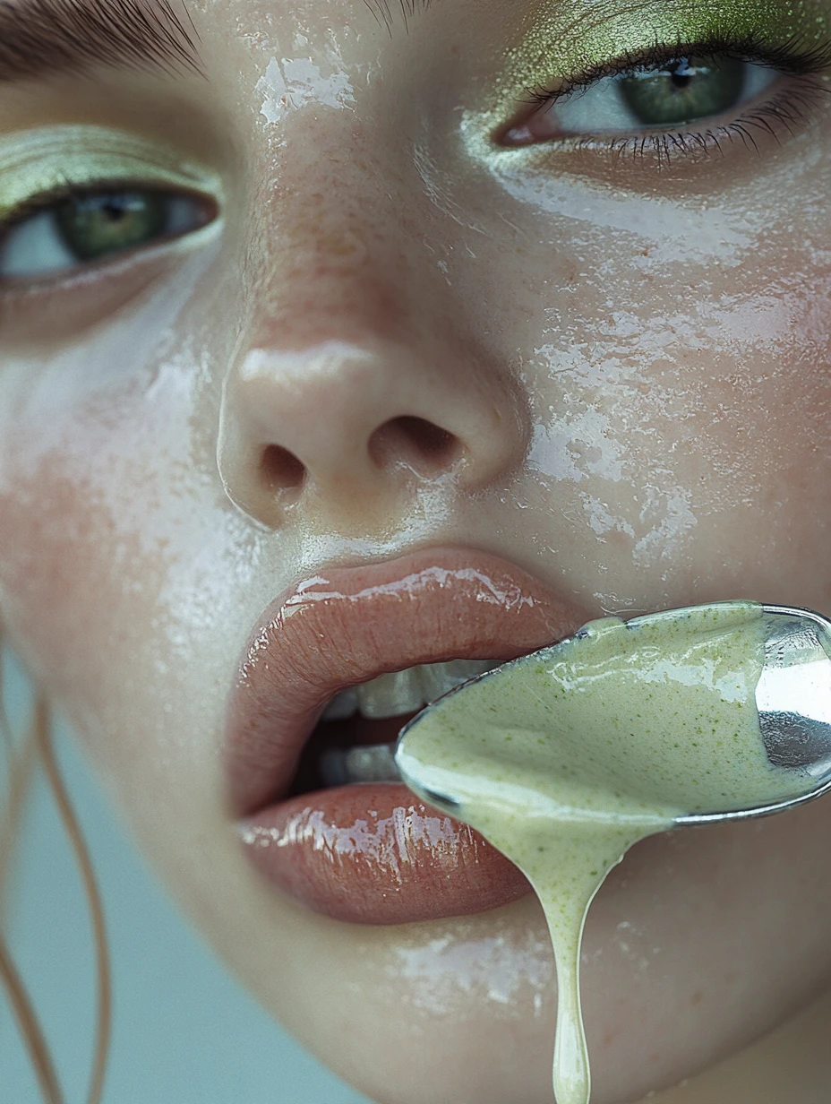 Primo piano di una donna con gelato al pistacchio e un cucchiaio d'argento